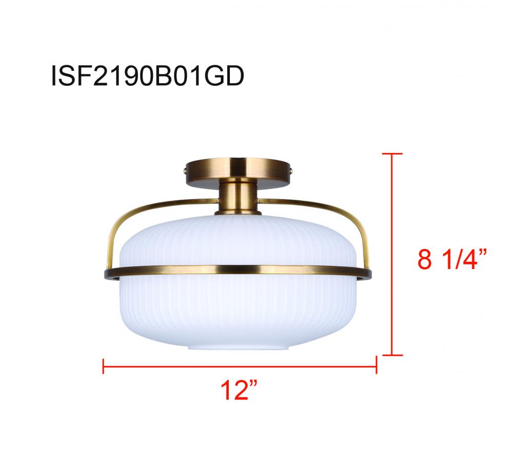 1 Lt Semi-Flush, Flat Opal Ribbed Glass, 60W Type A, 12inch W x 8.25inch H