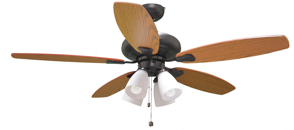 52&#34; 5-Blade UFO Fan RB Oak/Walnut Blades 4-Light Tea Stained Glass LED Kit