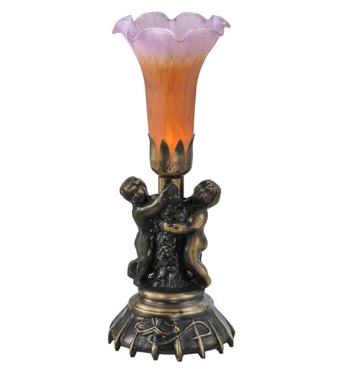 13&#34; High Amber/Purple Tiffany Pond Lily Twin Cherub Accent Lamp