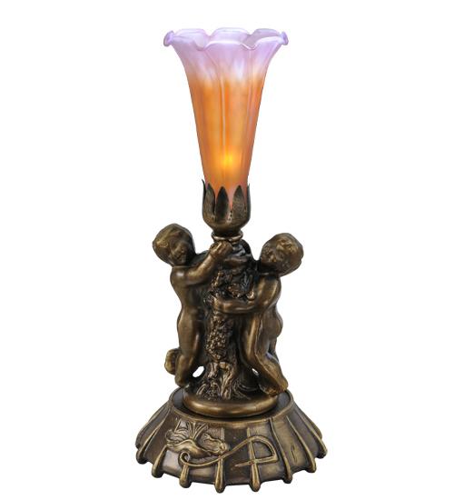 12&#34; High Amber/Purple Pond Lily Twin Cherub Mini Lamp