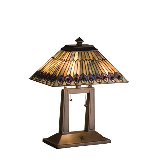 20&#34;H Tiffany Jeweled Peacock Oblong Desk Lamp