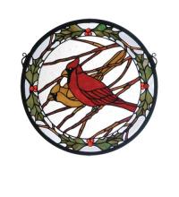 Meyda White 65289 - 15&#34;W X 15&#34;H Cardinals & Holly Stained Glass Window